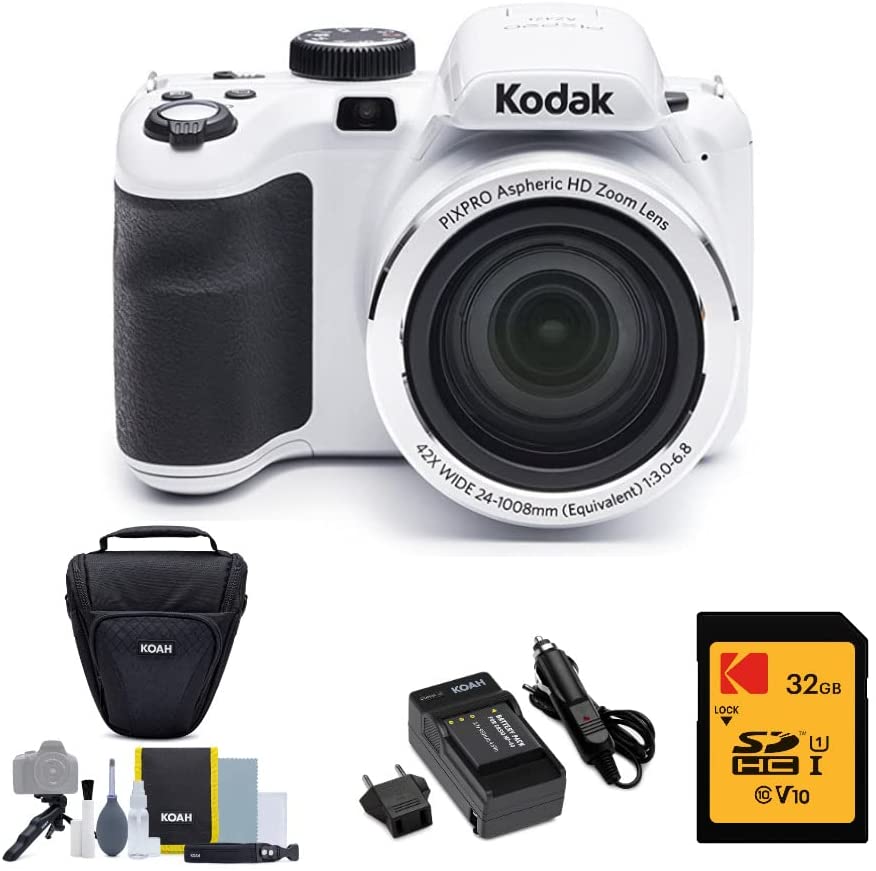 Kodak PIXPRO Astro Zoom AZ421 16MP Digital Camera (White) with Kodak 32GB SD Card, Koah Holster Camera Case and Accessory Bundle and (4 Items)