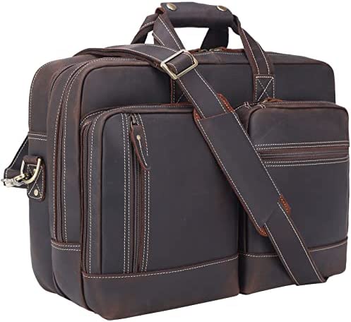 Leather Briefcase for Men Expandable Vintage 17 Inch Laptop Crossbody Shoulder Bag Business Travel Duffel Attache Case