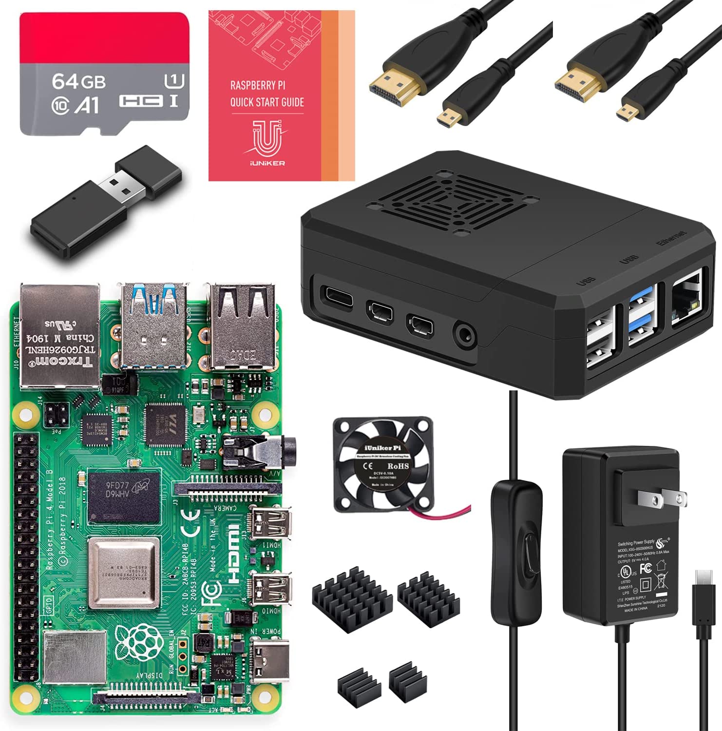 MazerPi Raspberry Pi 4 4GB Max Kit - 64GB Edition, Raspberry Pi 4 Case with Fan, 20W 5V 4A Raspberry Pi 4 Power Supply with ON/Off Switch, HDMI Cable for Pi 4B (4GB RAM)