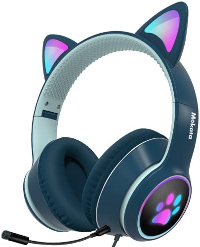 Mokata Gaming Headphone Wired USB Connect 7.1 Surround Stereo Over Ear Cat LED Light Fit Adult & Kid Foldable Headset with Mic for PC Game Laptop Pad H03 Navy Blue