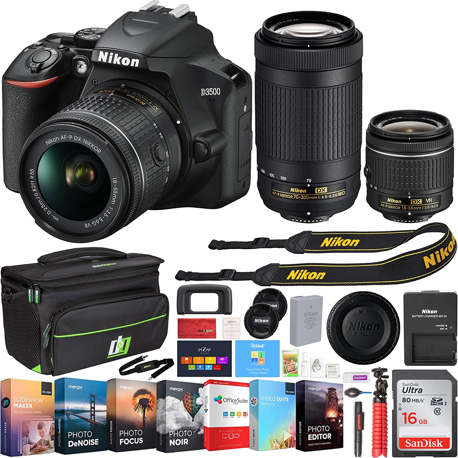 Nikon D3500 24.2MP DSLR Camera w/AF-P 18-55mm VR Lens & 70-300mm Dual Zoom Lens - (Renewed) + 16GB Bundle