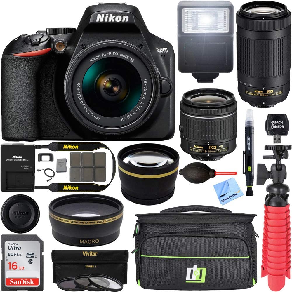 Nikon D3500 24.2MP DSLR Camera with AF-P 18-55mm VR Lens & 70-300mm Dual Zoom Lens Kit 1588 (Renewed) with 16GB Accessory Bundle