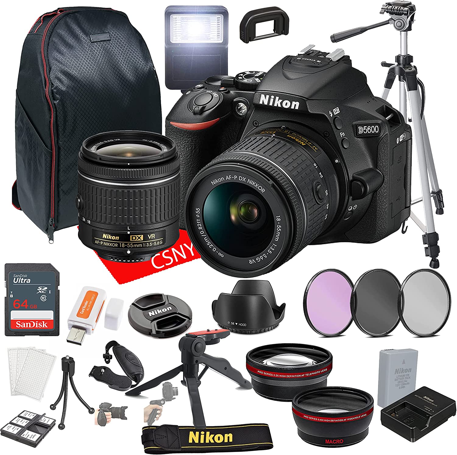 Nikon D5600 DSLR Camera Kit with 18-55mm VR Lens+ 64GB Memory + Back Pack Case + Tripod, Lenses, Filters, & More (28pc Bundle)