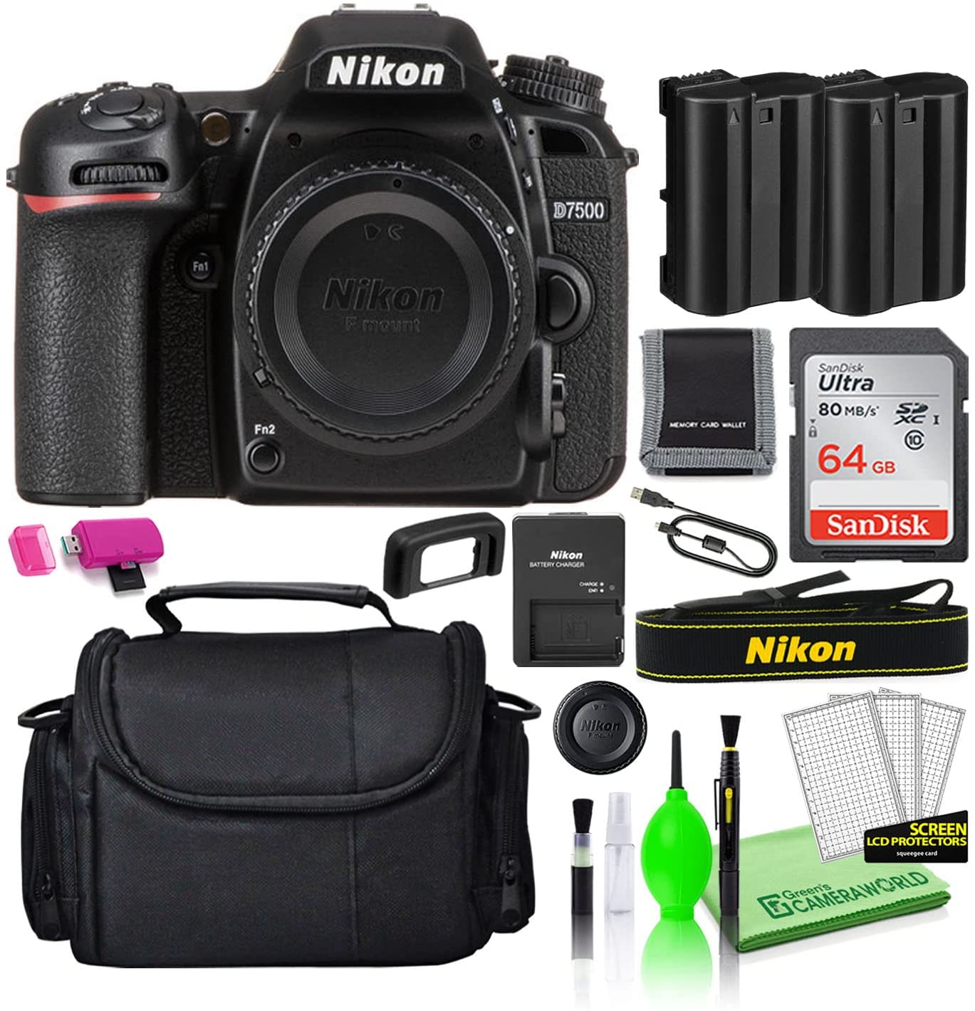 Nikon D7500 20.9MP DSLR Digital Camera (Body Only) (1581) Deluxe Bundle Kit with Sandisk 64GB SD Card + Large Camera Gadget Bag + Spare EN-EL15 Battery + Camera Cleaning Kit + More