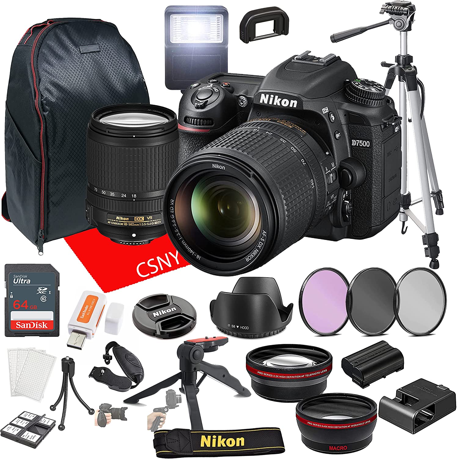 Nikon D7500 DSLR Camera Kit with 18-140mm VR Lens+ 64GB Memory + Back Pack Case + Tripod, Lenses, Filters, & More (28pc Bundle)