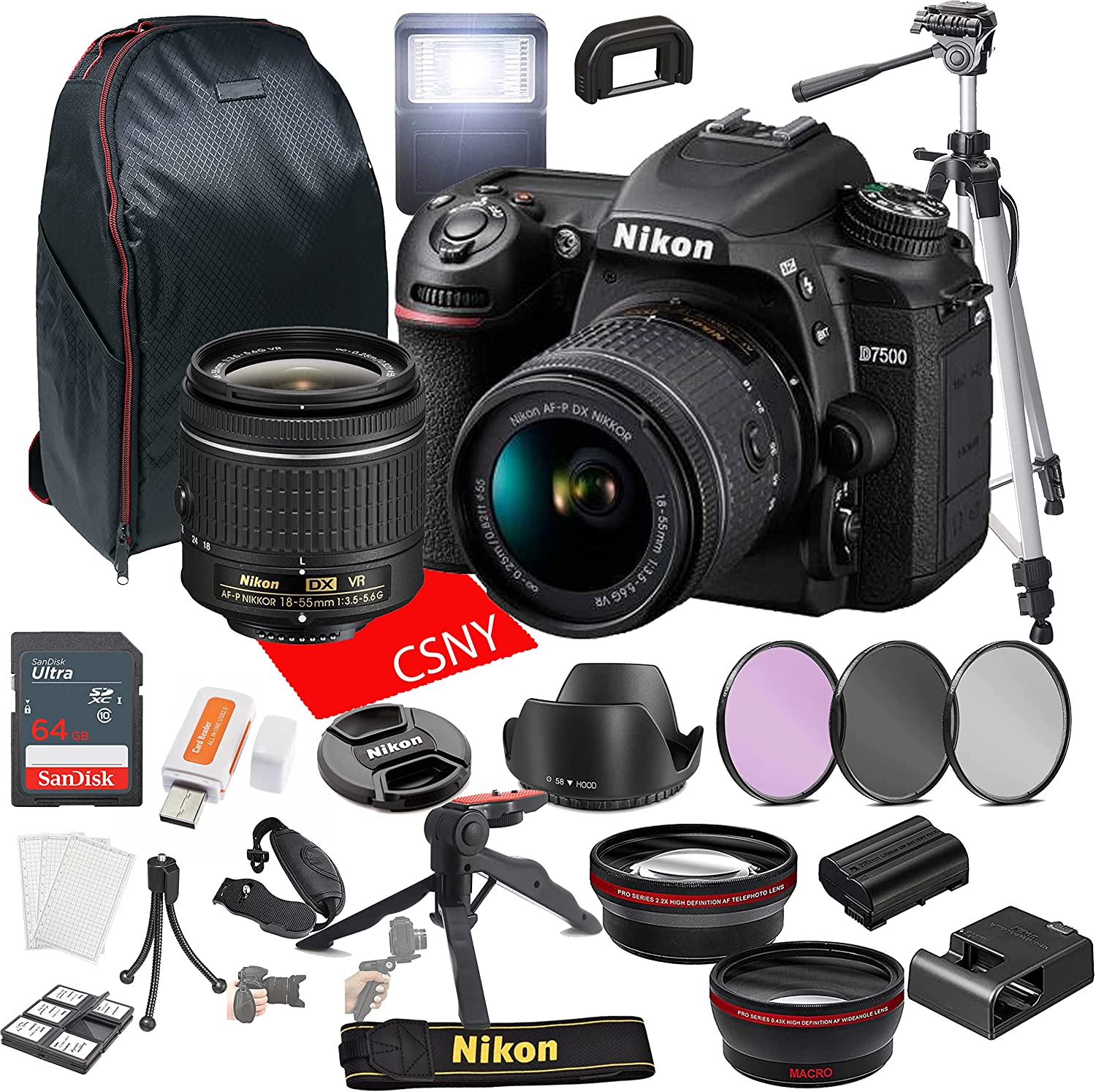 Nikon D7500 DSLR Camera Kit with 18-55mm VR Lens+ 64GB Memory + Back Pack Case + Tripod, Lenses, Filters, & More (28pc Bundle)