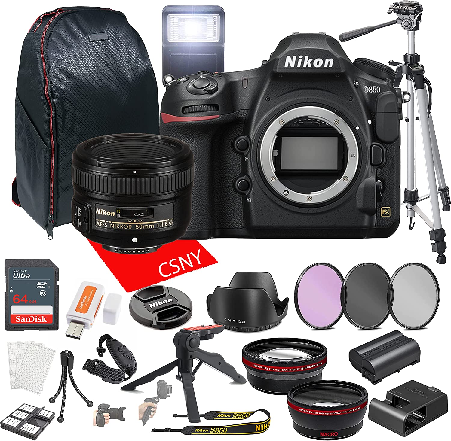 Nikon D850 DSLR Camera with 50mm F/1.8G Prime Lens + 64GB Memory + Back Pack Case + Tripod, Lenses, Filters, & More (28pc Bundle)