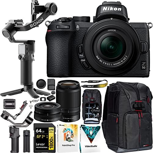 Nikon Z 50 Mirrorless Camera 4K DX Body + 2 Lens Kit 16-50mm & 50-250mm 1632 Filmmaker's Bundle Including DJI RS 3 Mini Gimbal Stabilizer + Deco Gear Photography Backpack + 64GB Card & Software