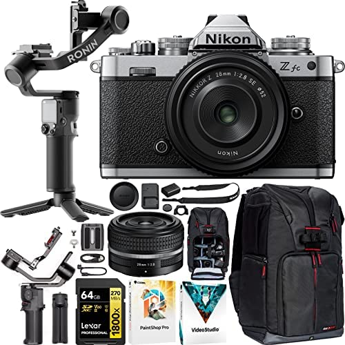 Nikon Z fc Mirrorless Camera 4K DX Body + 28mm F2.8 SE Lens Kit Lens 1673 Filmmaker's Bundle Including DJI RS 3 Mini Gimbal Stabilizer Kit + Deco Gear Photography Backpack + 64GB Card & Software