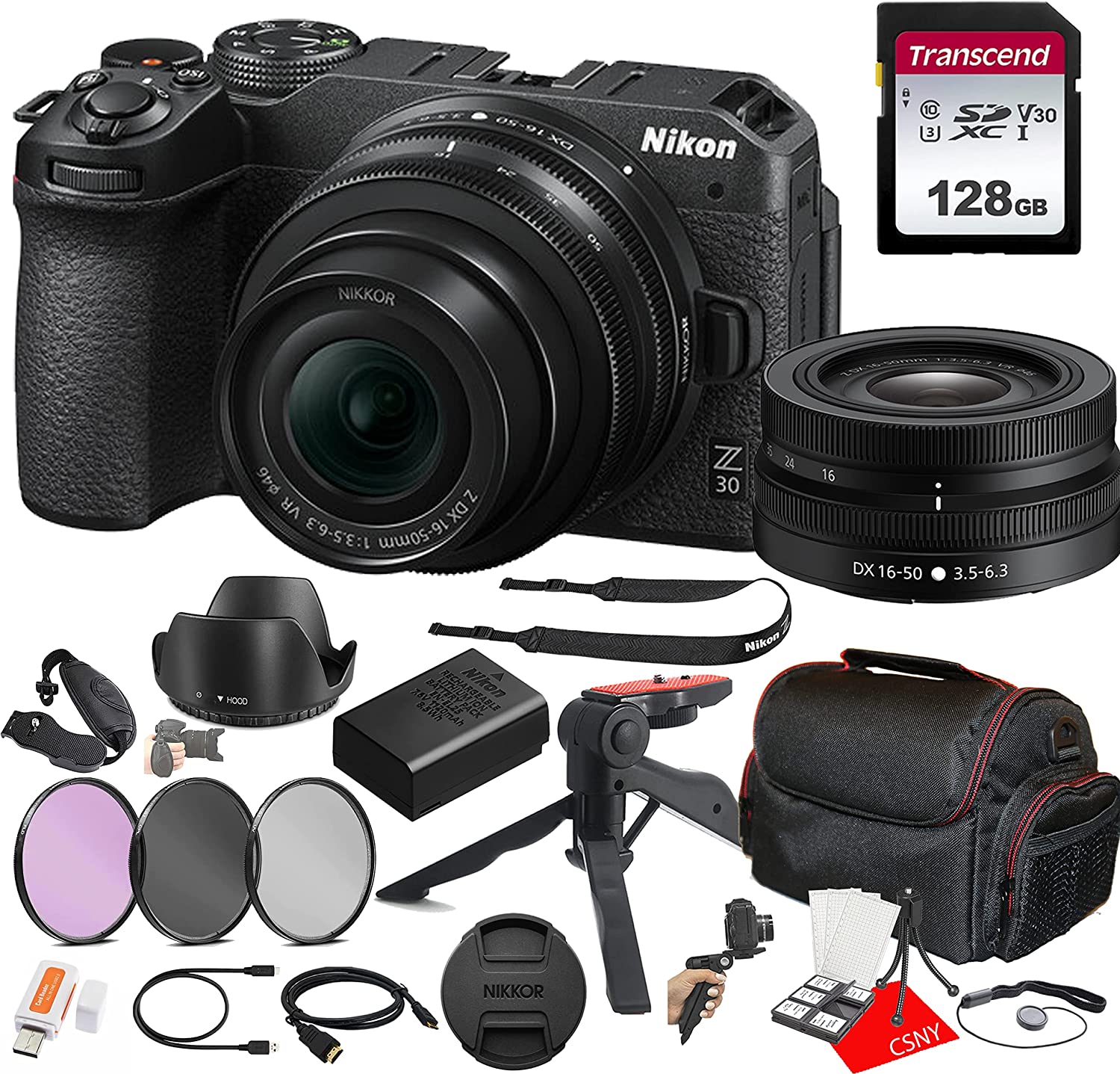 Nikon Z30 Mirrorless Camera with 16-50mm Lens + 128GB Memory + Case + Filters + Tripod + 3 Piece Filter Kit + More (24pc Bundle)