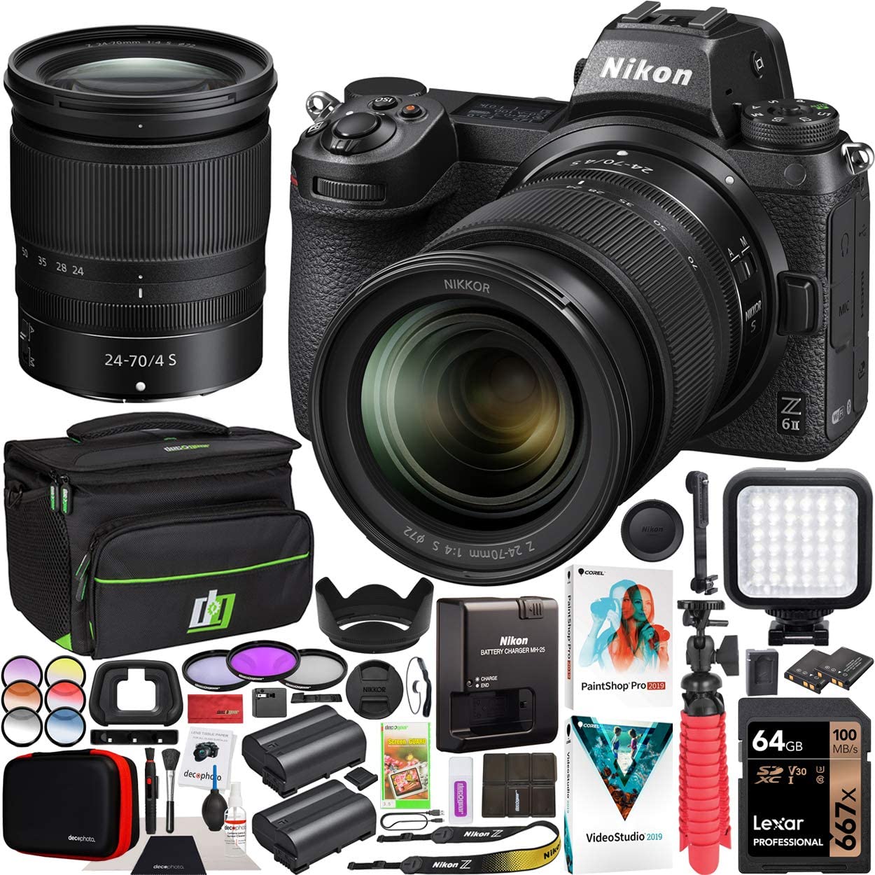 Nikon Z6II Mirrorless Camera Body + NIKKOR Z 24-70mm f/4 S Lens Kit 1663 FX-Format Full-Frame 4K UHD Bundle with Deco Gear Travel Bag Case + Extra Battery + LED + Filters + Software & Accessories