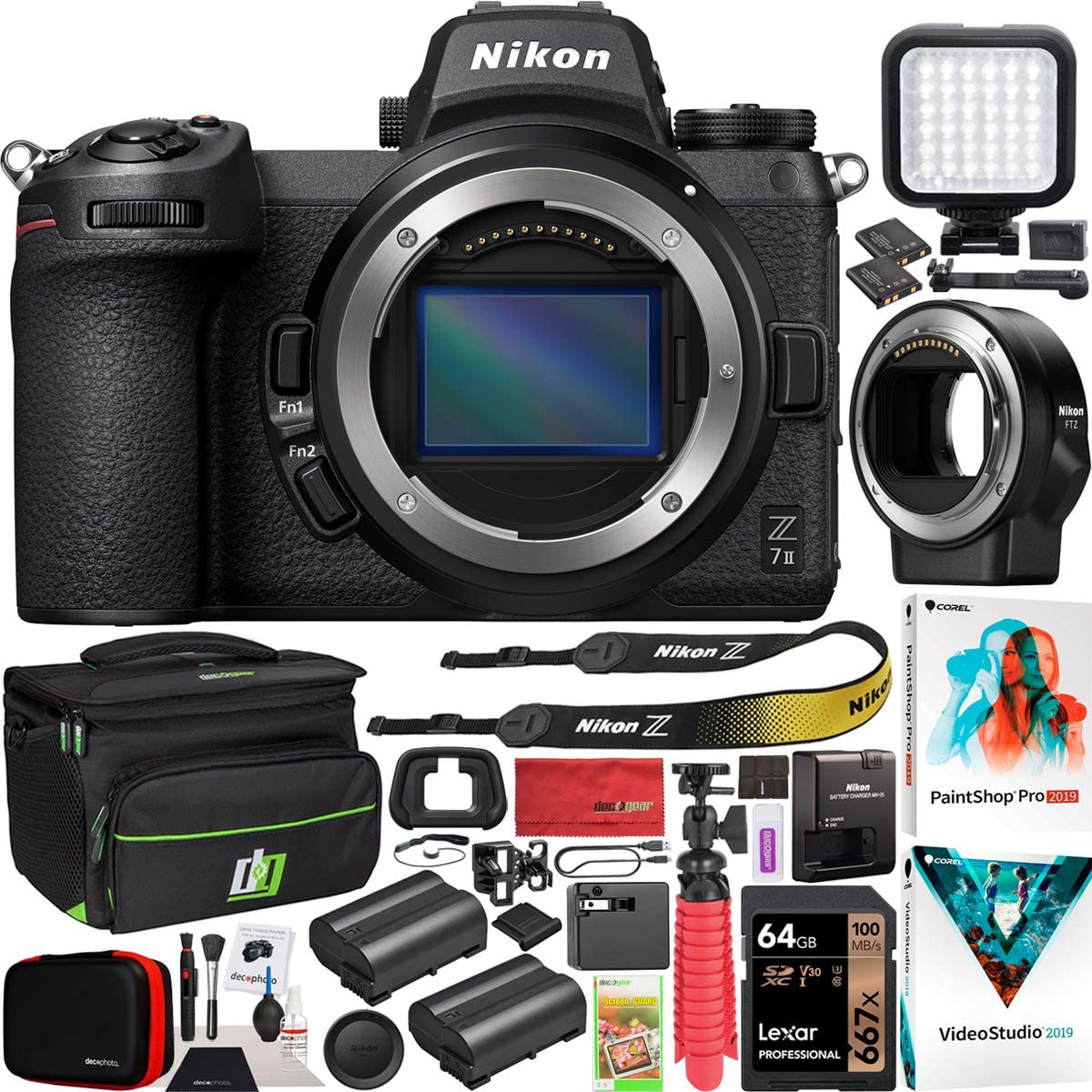 Nikon Z7II Mirrorless Camera Body FX-Format Full-Frame 4K UHD 1653 Bundle with FTZ Lens Mount Adapter + Deco Gear Bag Case + Extra Battery + Photography LED + Photo Video Software Kit & Accessories