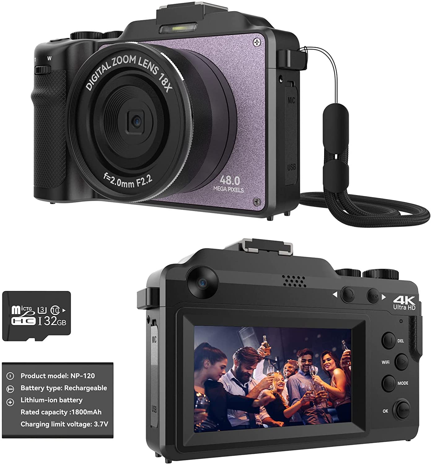 OIEXI 48MP Camera for Photography,4K Digital Camera for Kids and Adults with Front and Rear Dual Cameras,18X Digital Zoom,Built-in 7 Color Filters,32GB TF Card,Rechargeable Battery(Lilac Violet)