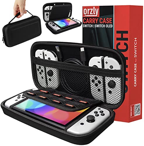 Orzly Carry Case Compatible with Nintendo Switch and New Switch OLED Console - Black Protective Hard Portable Travel Carry Case Shell Pouch with Pockets for Accessories and Games