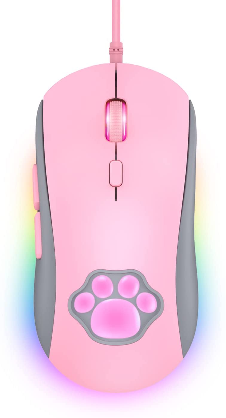 PHNIXGAM Cat Paw RGB Gaming Mouse, Silent Optical Computer Mice USB Wired with 6 Adjustable DPI Up to 7200, RGB Lighting, 6 Programmable Buttons for Windows/Vista/Linux (Pink)