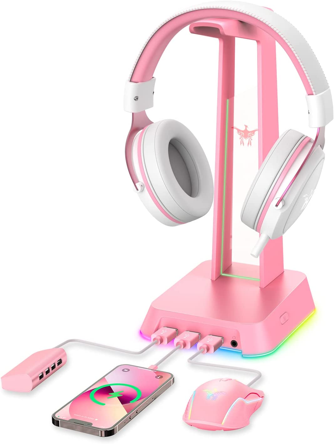 PHNIXGAM RGB Headphone Stand with 3.5mm AUX and 3 Port USB 2.0 Hub, Universal Gaming Headset Hanger Holder for Computer Gaming Gamer Accessories (Pink)