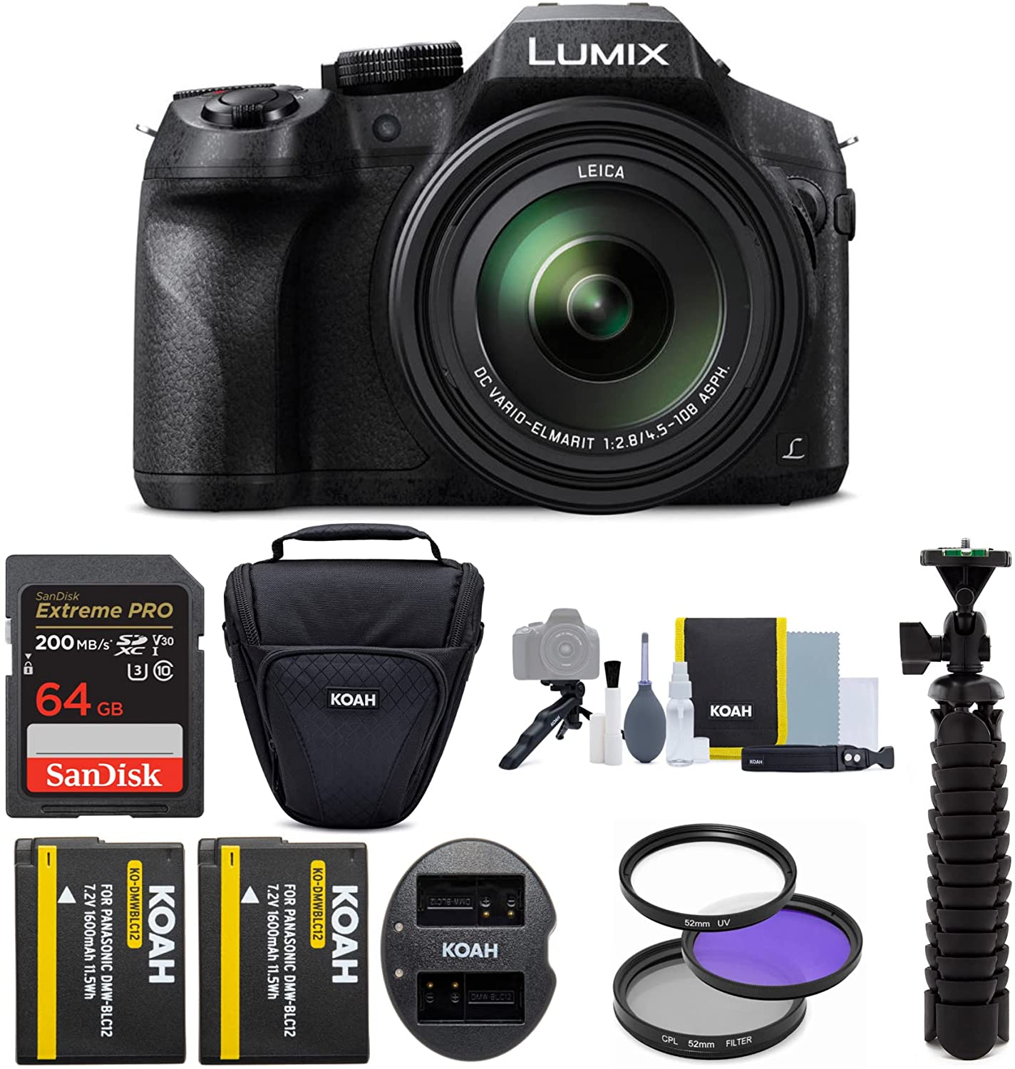 Panasonic DMC-FZ300K Digital Camera with Digital Slave Flash and 64GB Card Bundle