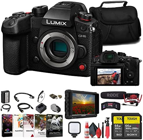 Panasonic Lumix GH6 Mirrorless Camera (DC-GH6BODY) + 4K Monitor + Rode VideoMic + Sony 64GB Tough SD Card + Card Reader + LED Light + Corel Photo Software + Case + Flex Tripod + Hand Strap + More