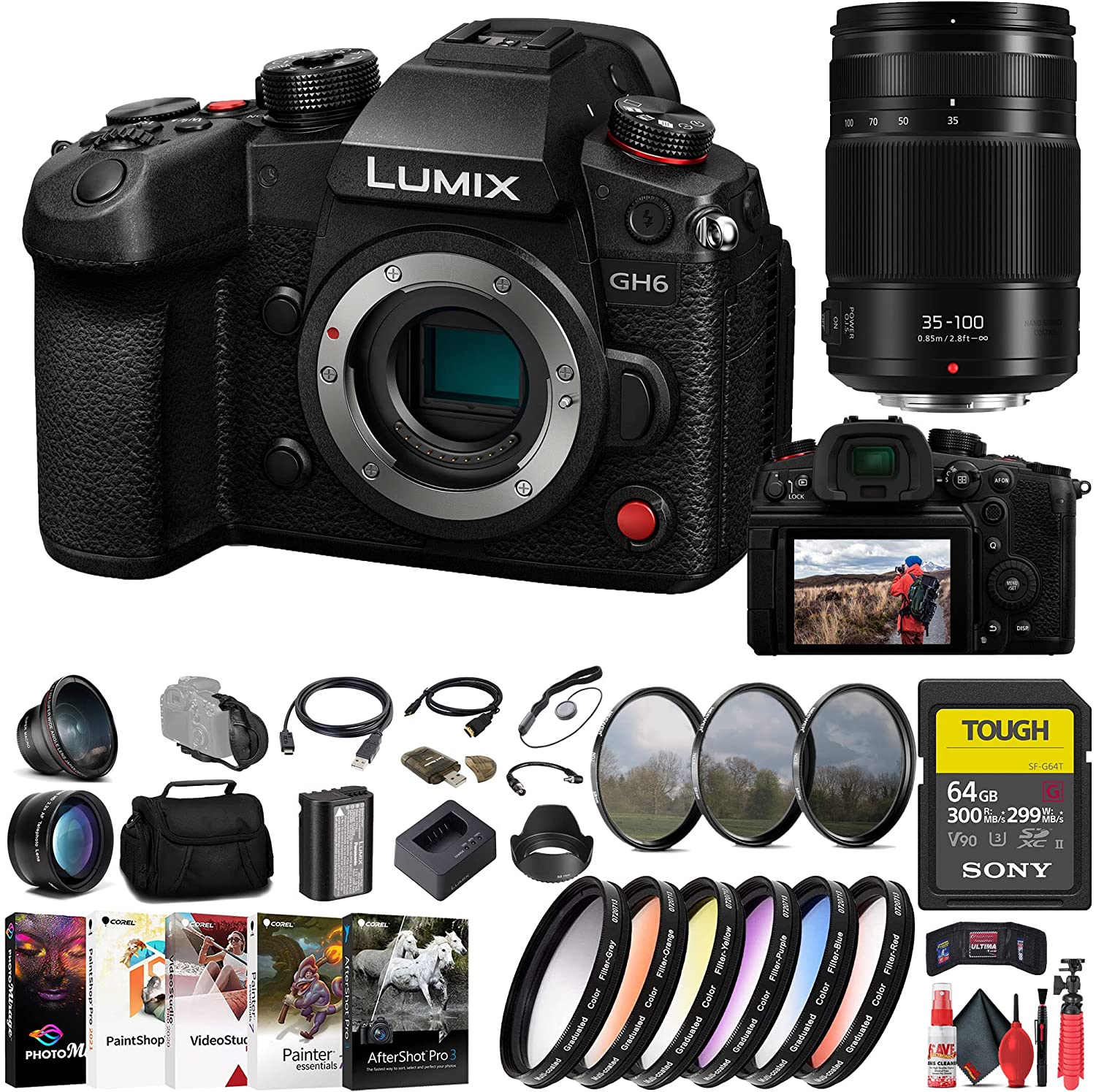 Panasonic Lumix GH6 Mirrorless Camera (DC-GH6BODY) + Panasonic 35-100mm Lens + Sony 64GB Tough SD Card + Color Filter Kit + Filter Kit + Wide Angle Lens + Telephoto Lens + Lens Hood + More