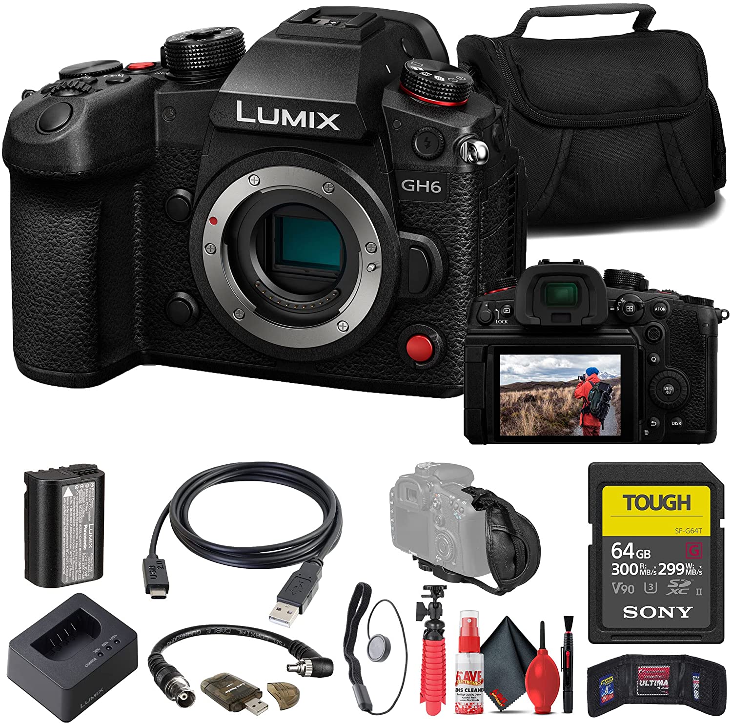 Panasonic Lumix GH6 Mirrorless Camera (DC-GH6BODY) + Sony 64GB Tough SD Card + Card Reader + Case + Flex Tripod + Hand Strap + Memory Wallet + Cap Keeper + Cleaning Kit