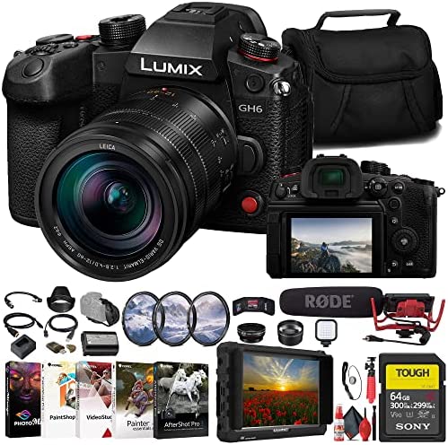 Panasonic Lumix GH6 Mirrorless Camera with 12-60mm f/2.8-4 Lens (DC-GH6LK) + 4K Monitor + Rode VideoMic + Sony 64GB Tough SD Card + Filter Kit + Wide Angle Lens + Telephoto Lens + Lens Hood + More