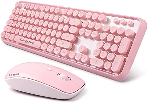 Pink Wireless Keyboard Mouse Combo, 2.4GHz Wireless Retro Typewriter Keyboard and Mouse Combo, Letton Full Size Wireless Office Computer Keyboard and Cute Mouse with 3 DPI for Mac PC Desktop Laptop