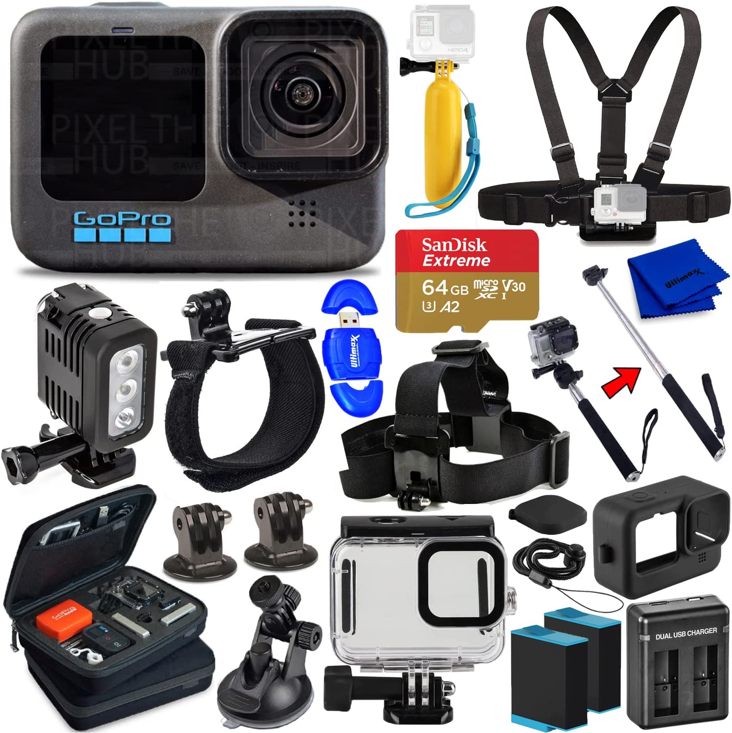 Pixel Hub GoPro HERO10 Hero 10 Camcorder Black - Ultimate Bundle Includes: Sandisk Ultra 64GB microSD, 2X Extra Batteries, Charger, Underwater Housing, LED Light Kit, Carry Case and More