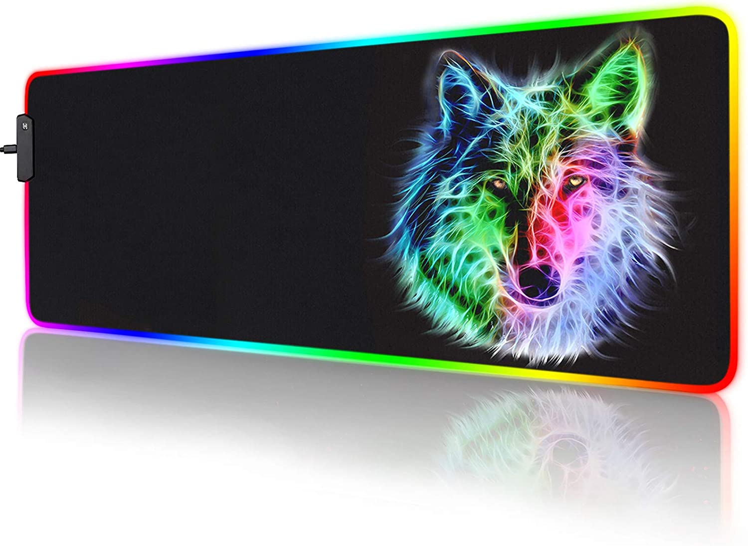 RGB Mouse Pad,Gaming Mouse Pad RGB,Cool Animal LED Mousepad-14 Light Modes Soft Non-Slip Base Large LED Mouse Mat for Laptop Computer PC Games 31.5 X 12 inches (RGB Wolf Mouse Pad)