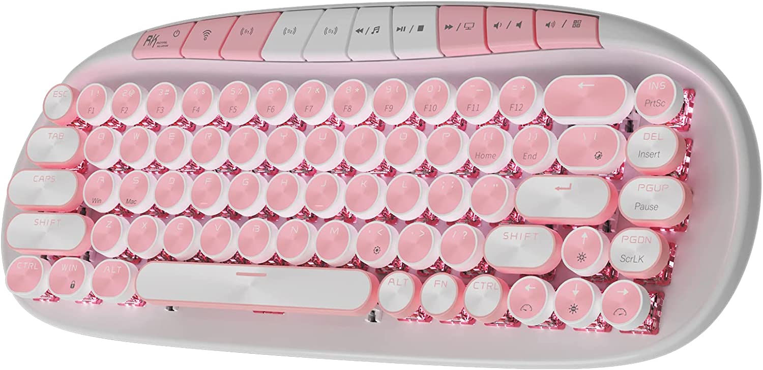 RK ROYAL KLUDGE RK838 Pink Wireless Keyboard, Retro Typewriter Keyboard BT/2.4G/Wired Mode, 75% RGB Hot Swappable Gaming Keyboard with Round Keys 10 Buttons, Pink Switches