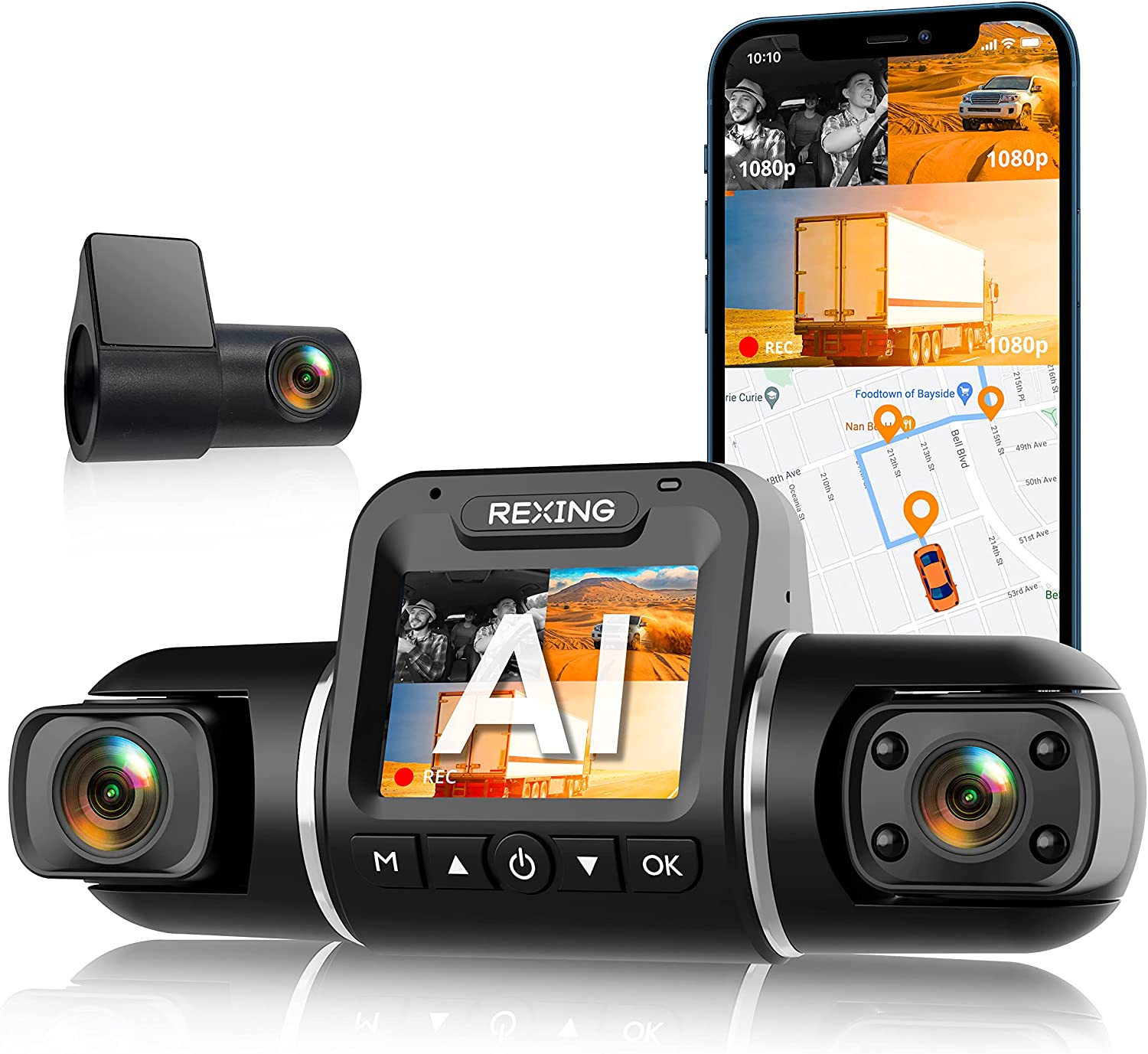 RexingUSA V2 PRO AI Dash Cam 3-Channel Front/Cabin/Rear 1080p Recording with Mobile App Night Vision Dash Camera w/Front Collision Warning, Pedestrian Alert, Lane Departure Warning,Clear to Go Alert