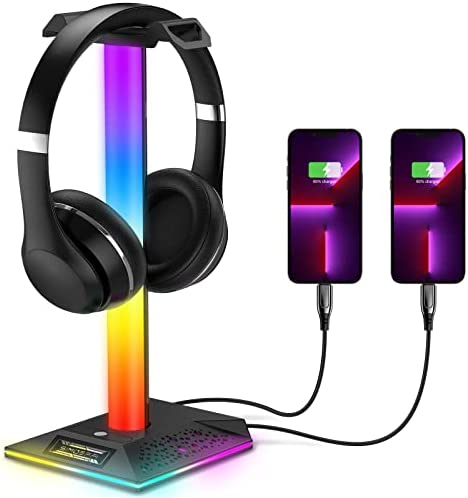 SIMOEFFI Upgraded RGB Gaming Headphones Stand, Headset Stand with 3.5mm AUX and 2 USB Charging Ports, Headphone Holder with 10 Light Modes and Memory Feature for Gamers PC Earphone Accessories Desk