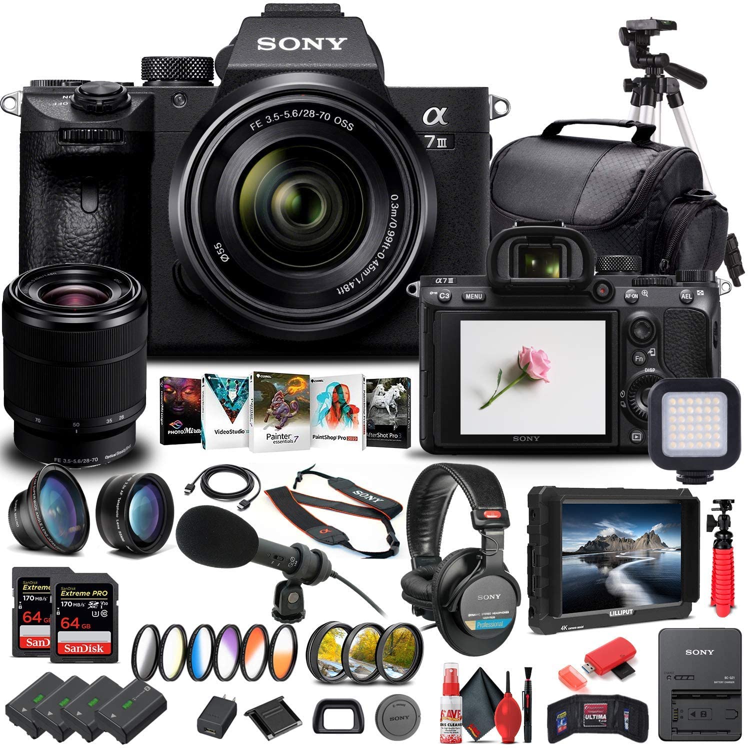 Sony Alpha a7 III Mirrorless Digital Camera with 28-70mm Lens (ILCE7M3K/B) + 4K Monitor + Headphones + Pro Mic + 2 x 64GB Memory Card + 3 x NP-FZ-100 Battery + Corel Photo Software + More (Renewed)