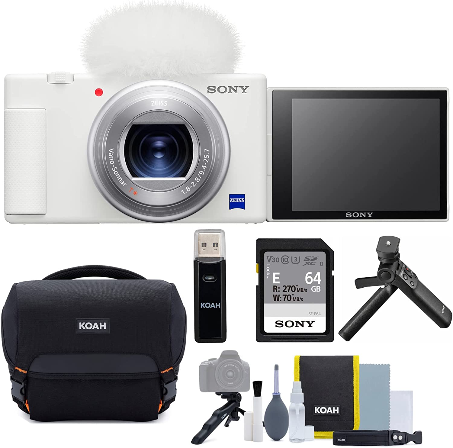 Sony ZV-1 Compact 4K HD Digital Camera for Content Creators (White) Bundle with Sony Accessory Kit, Memory Card Reader, Camera Bag with Cleaning Kit, and Photo Software (5 Items)