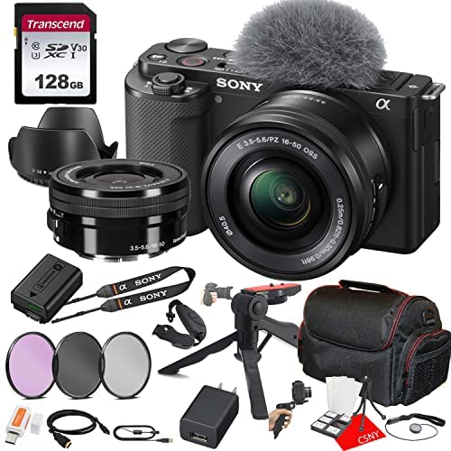 Sony ZV-E10 Mirrorless Camera with 16-50mm Lens + 128GB Memory + Case + Filters + Tripod + 3 Piece Filter Kit + More (24pc Bundle)