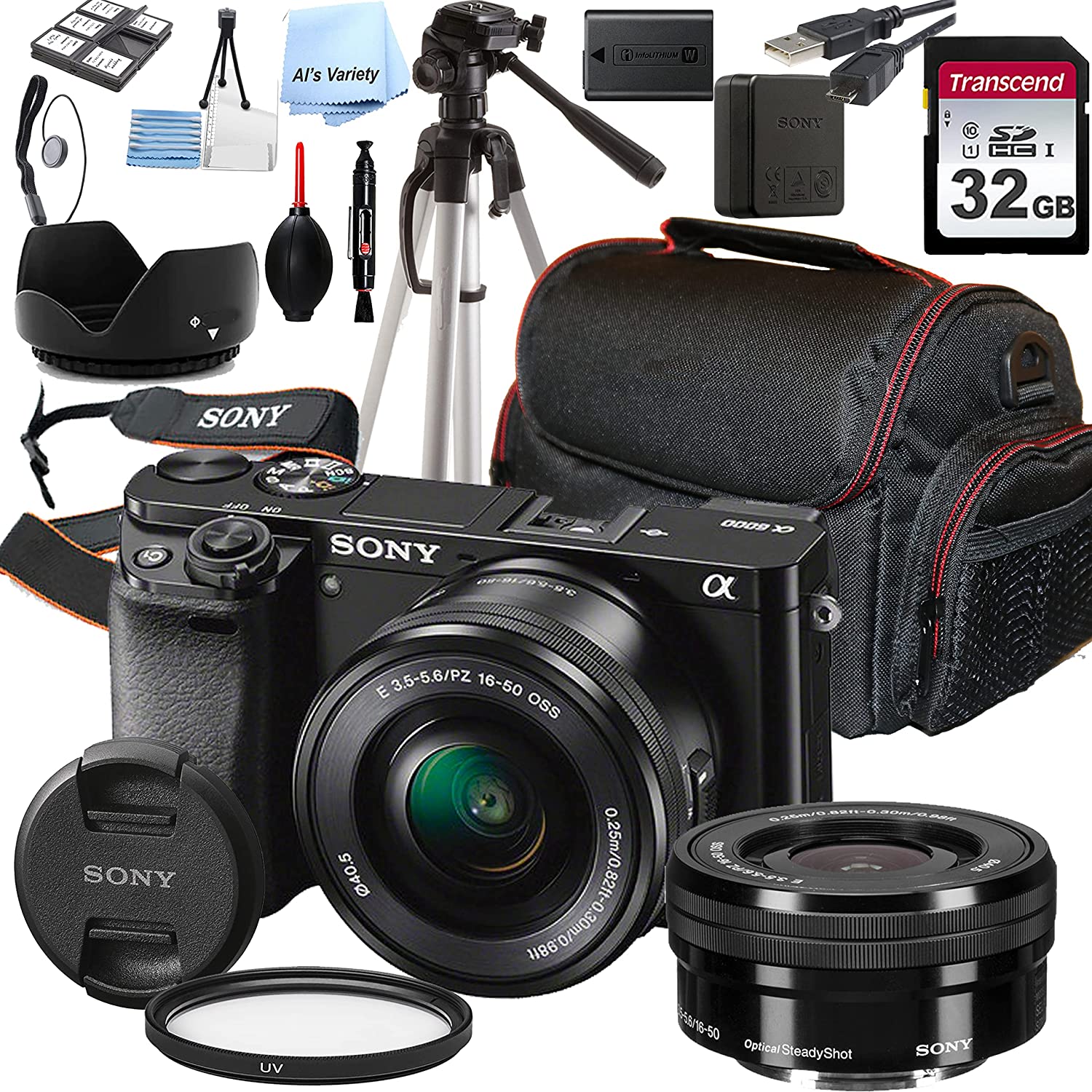 Sony a6000 Mirrorless Digital Camera with 16-50mm Lens + 32GB Card, Tripod, Case, and More (18pc Bundle)