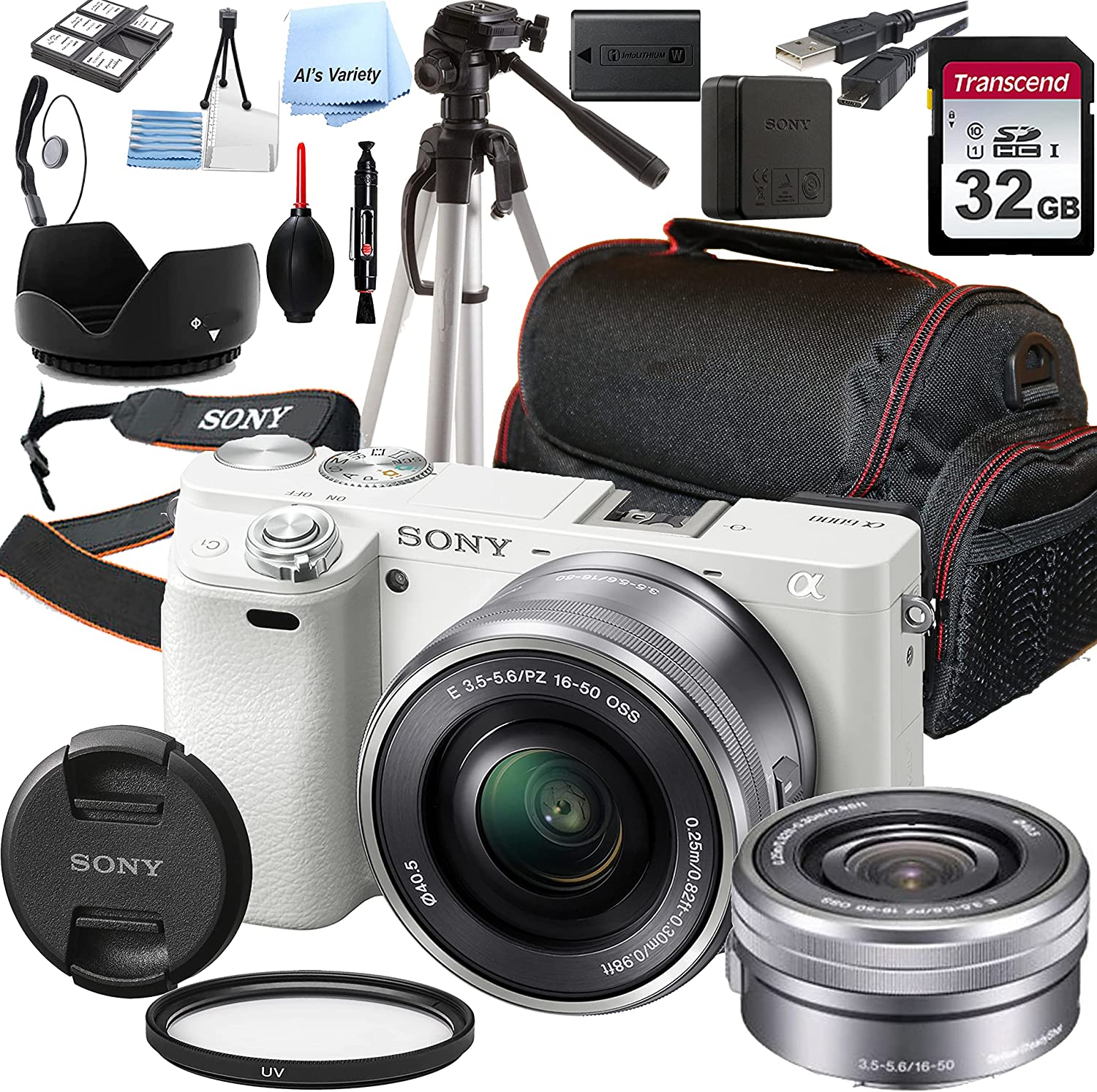 Sony a6000 Mirrorless Digital Camera(Graphite) with 16-50mm Lens + 32GB Card, Tripod, Case, and More (18pc Bundle)