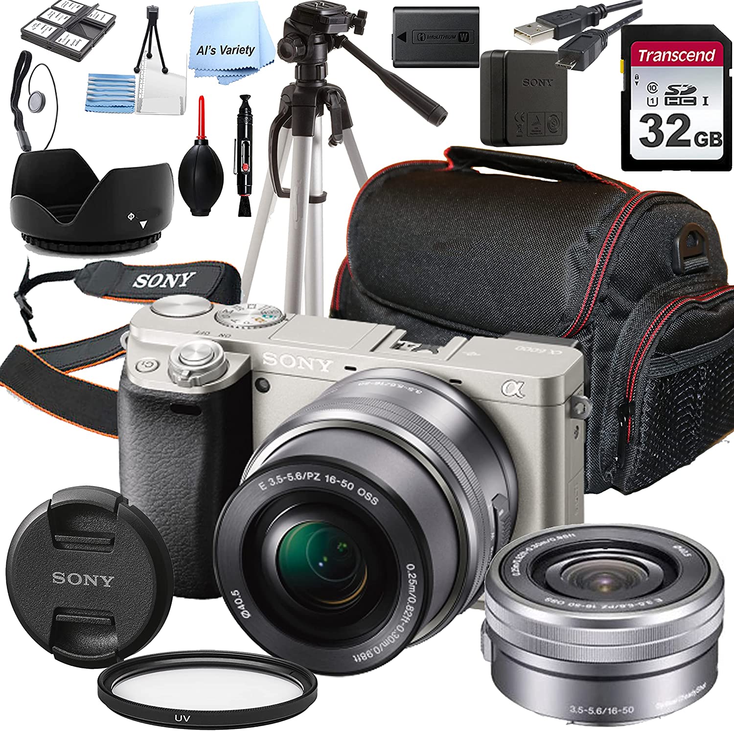 Sony a6000 Mirrorless Digital Camera(Silver) with 16-50mm Lens + 32GB Card, Tripod, Case, and More (18pc Bundle)