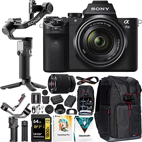 Sony a7 II Mirrorless Full Frame Camera with 28-70mm Lens ILCE-7M2K/B Filmmaker's Bundle Including DJI RS 3 Mini Gimbal Stabilizer Kit + Deco Gear Photography Backpack + 64GB Memory Card & Software