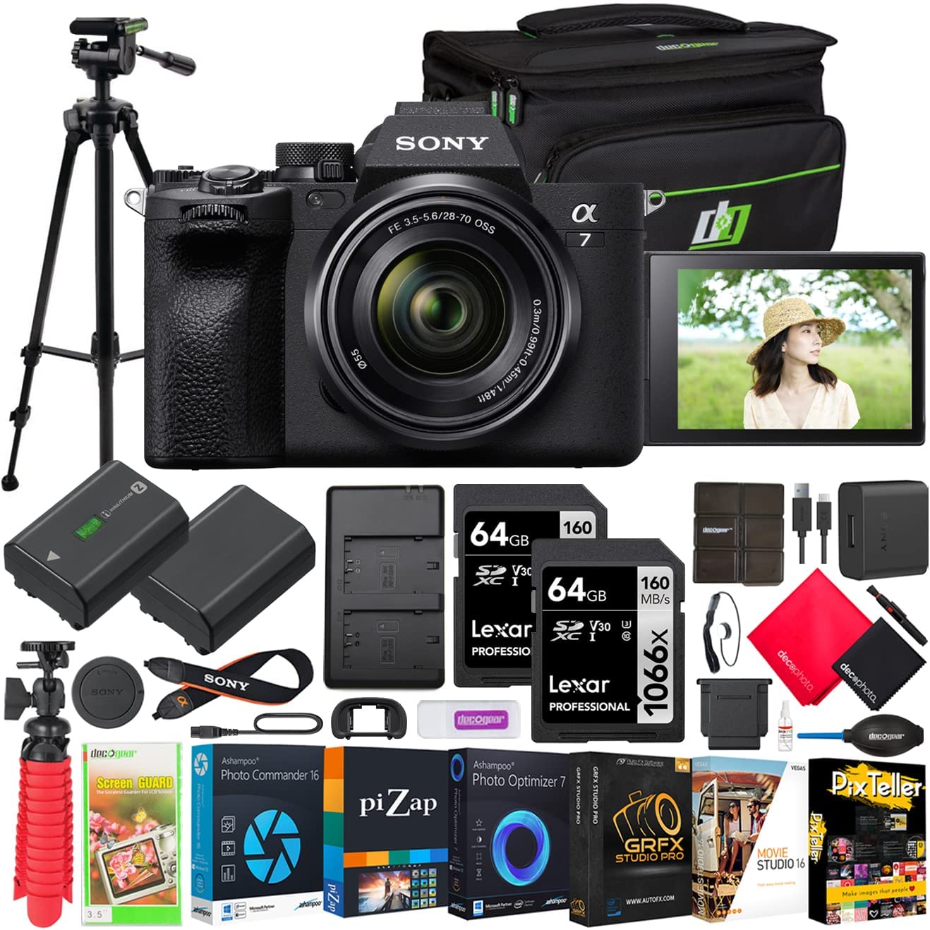 Sony a7 IV Mirrorless Full Frame Camera Body with 28-70mm F3.5-5.6 Lens Kit ILCE-7M4K/B Bundle with Deco Gear Photography Case + Tripod + Extra Battery, Dual Charger, Software and Accessories