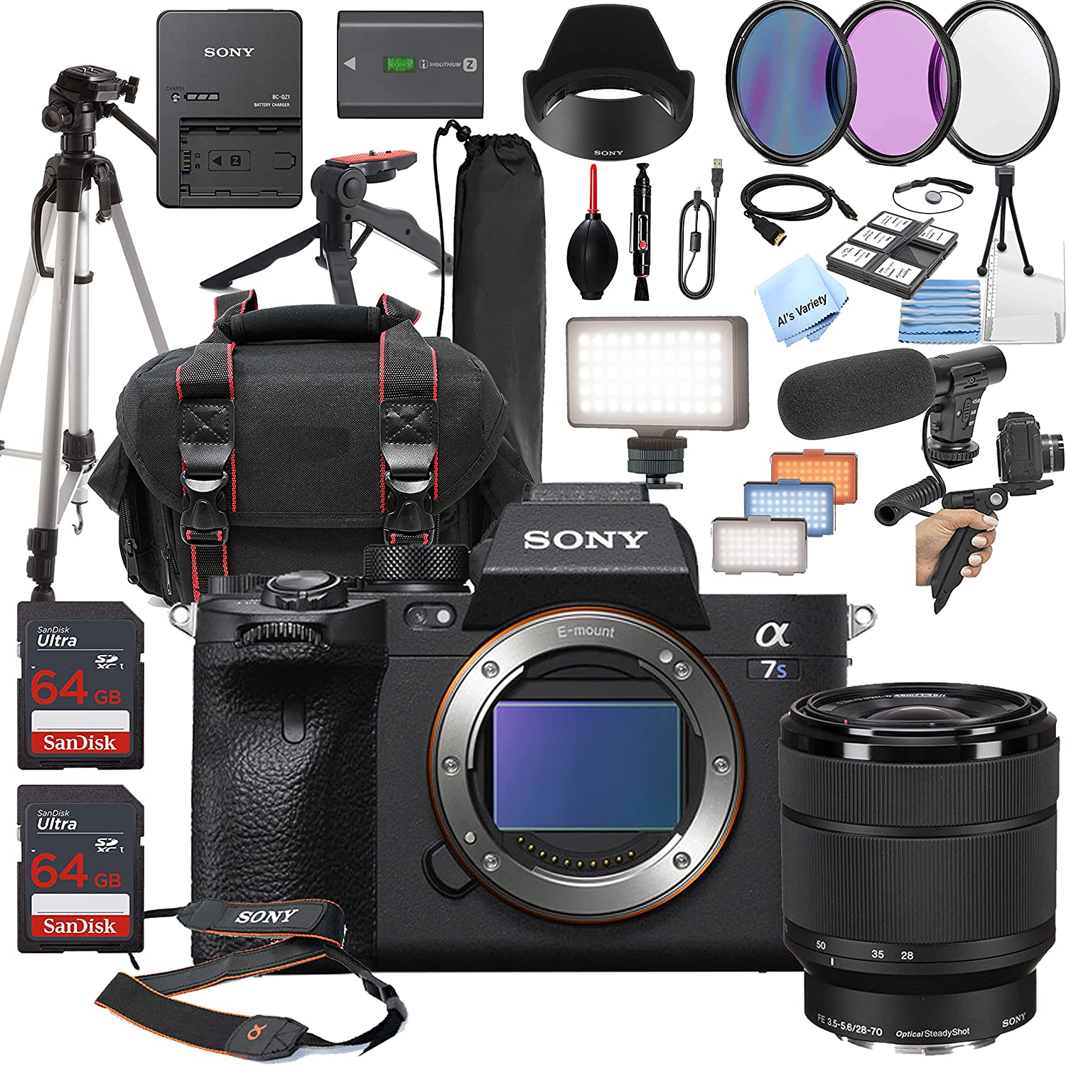 Sony a7S III Mirrorless Camera with 28-70mm Lens + LED Always on Light + 128GB Memory, Filters, Case, Tripod + More (32PC Bundle Kit)