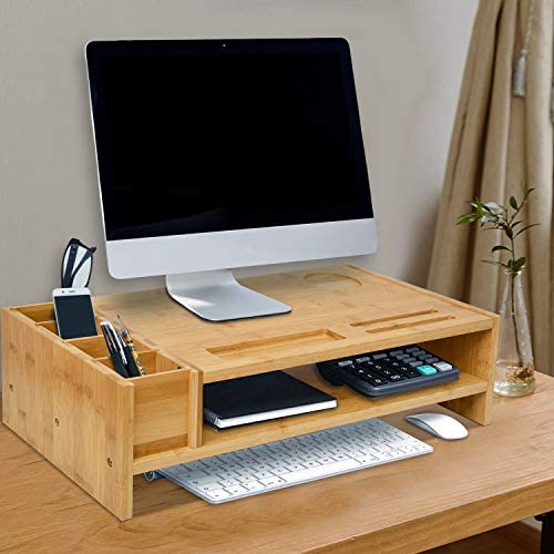 Sundale Outdoor WAYTRIM 2-Tier Bamboo Monitor Stand Wood Computer Monitor Riser Wooden Desk Organizers with Adjustable Storage Accessories Shelf for iMac Laptop Printer