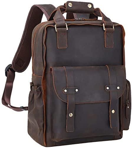 TIDING Vintage Genuine Leather 15.6" Laptop Backpack For Men School Travel Bag Camping Rucksack