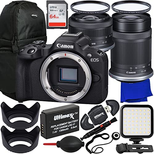 Ultimaxx Essential Canon EOS R50 Mirrorless Camera w/Dual Lenses Bundle - Includes: 64GB Ultra SDXC, 2X Protective UV Filters, Spare Battery, Ultra-Bright LED Light Kit & More (25pc Bundle)