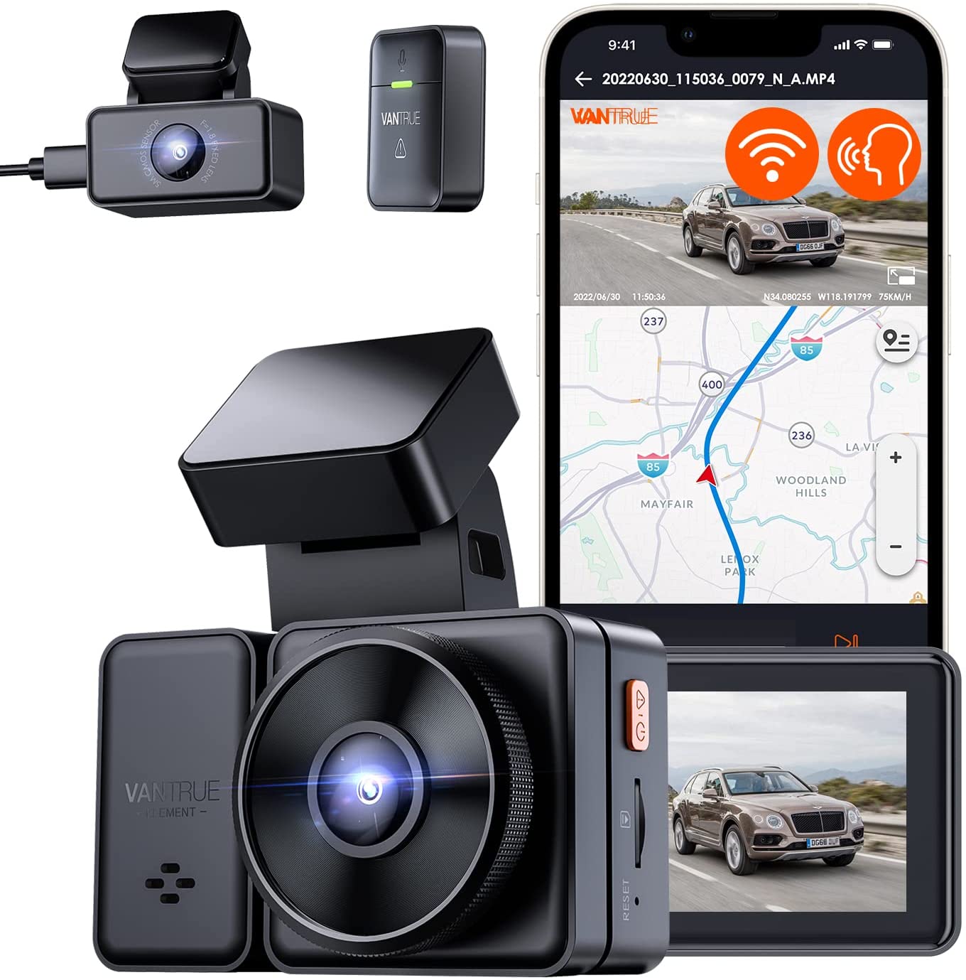 Vantrue E2 Dual 2.5K Front and Rear Dash Cam with 5G WiFi, GPS & Voice Control, 1944P+1944P Car Camera, 24hrs Buffered Parking Mode, Enhanced Night Vision, Motion Detection, Capacitor, Support 512GB