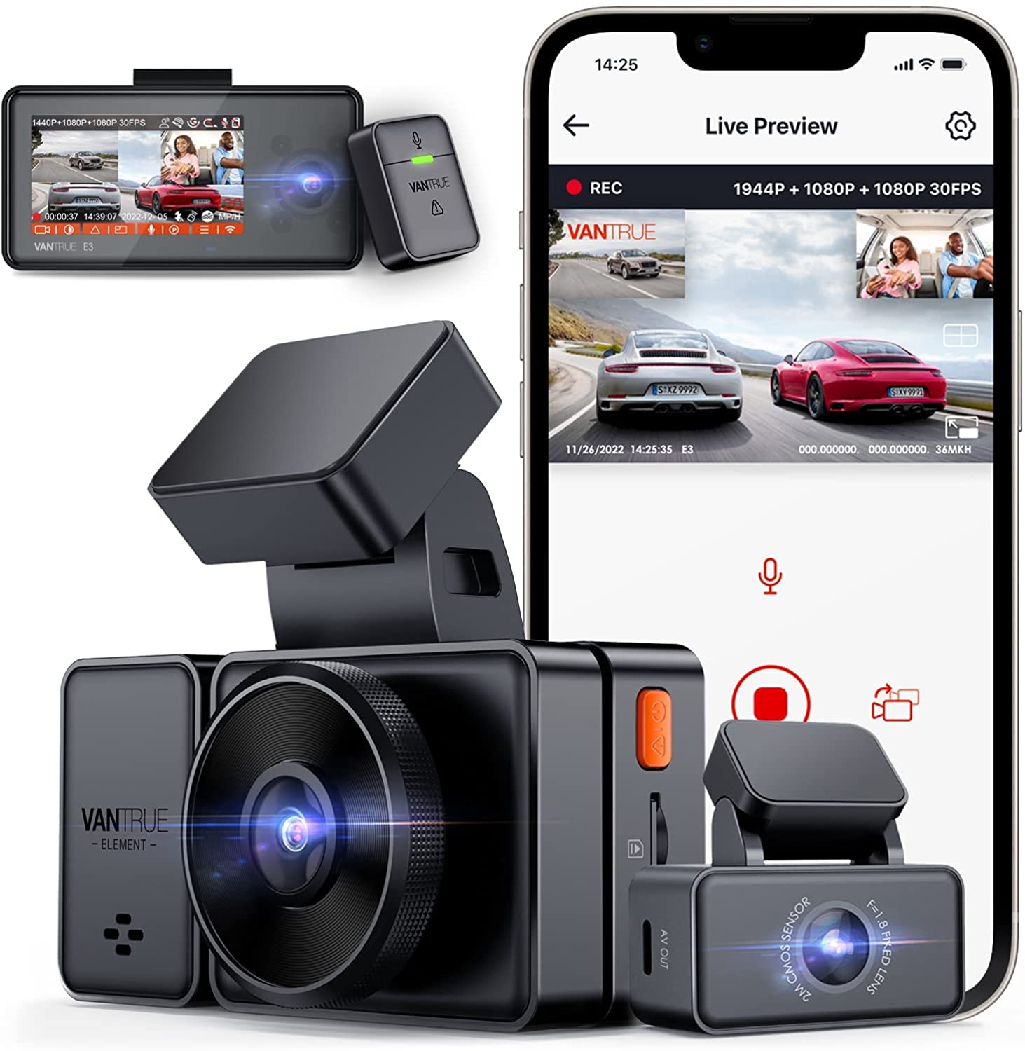 Vantrue E3 2.5K 3 Channel WiFi Dash Cam, 1944P+1080P+1080P Front and Rear Inside 3 Way GPS Dash Camera for Car, Voice Control, IR Night Vision, 24 Hrs Parking Mode, Motion Detection, Support 512GB Max