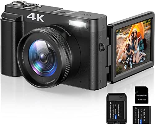 Vlogging Camera, 4K Digital Camera for YouTube Autofocus 16X Digital Zoom 48MP Video Cameras for Photography with 32GB SD Card, 180 Degree 3.0 inch Flip Screen, 2 Batteries and Charging Stand