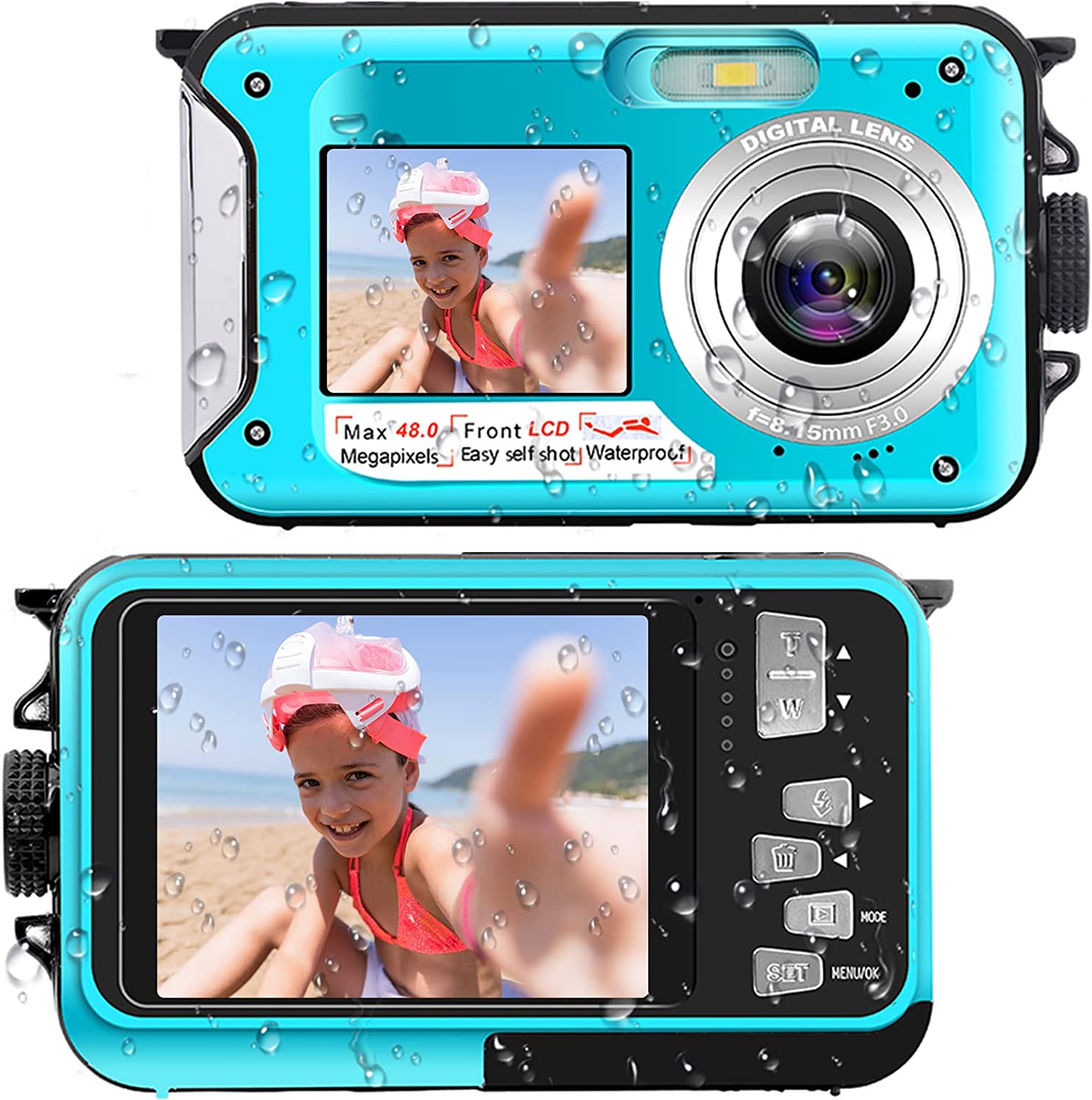 Waterproof Camera Compact Underwater Cameras 48MP 2.7K Full HD Video Recorder 10FT Selfie Dual Screens Waterproof Digital Camera for Snorkeling