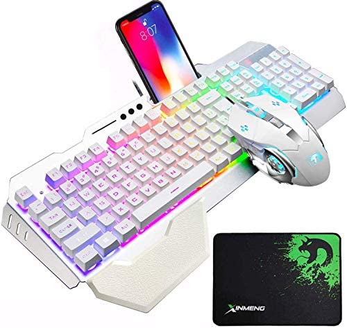 Wired Gaming Keyboard and Mouse Combo Rainbow RGB LED Light Mechanical Feel Wrist Rest Keyboard with Efficient Multimedia and 3200 DPI Mice and Large RGB Mice Pad for Computer Gamer Office (White)