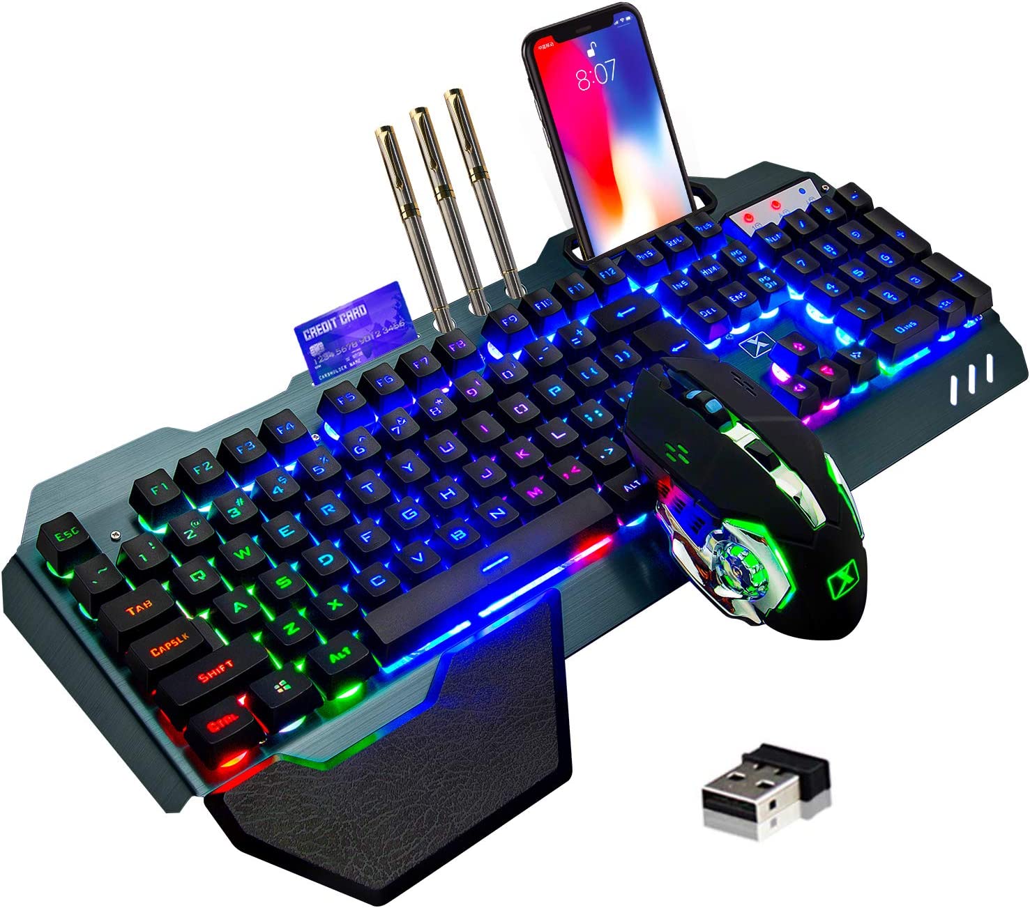 Wireless Gaming Keyboard and Mouse,Rainbow Backlit Rechargeable Keyboard Mouse with 3800mAh Battery Metal Panel,Removable Hand Rest Mechanical Feel Keyboard and 7 Color Gaming Mute Mouse for PC Gamers