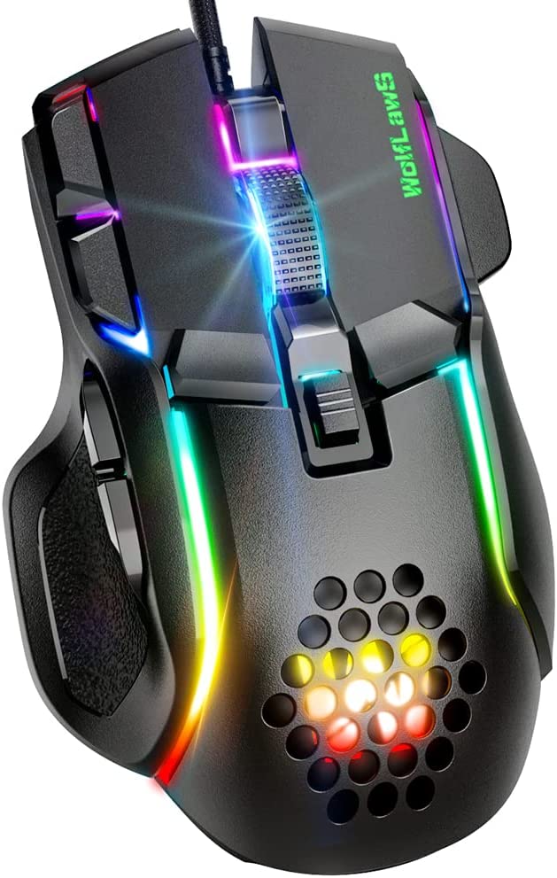 WolfLawS Wired Gaming Mouse, Computer PC Gaming Mice USB Mouse with 12 RGB Backlit Modes, High-Precision Adjustable 12800 DPI, 10 Programmable Buttons, Ergonomic Plug Play Gamer Mouse for Laptop Mac